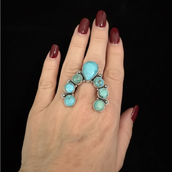 Genuine Turquoise and sterling Silver native design Statement Ring
